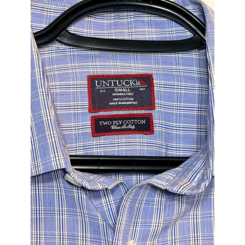 UNTUCKit Mens Small Blue Plaid Wrinkle Free Two Ply Cotton Button Down Shirt - Picture 2 of 7